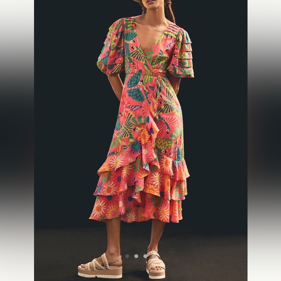 FARM RIO Macaws-print Puff-sleeve Midi Dress - Picture 1 of 7